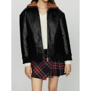 MAJE Leather Sherpa Bomber Jacket Black Brown Vegan Faux Coat Size 1 / S Small